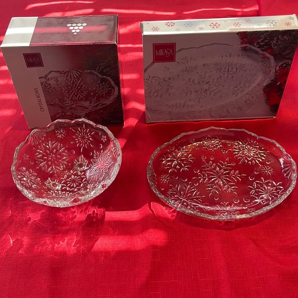 Vintage Mikasa Pair Crystal Snowflake Footed Bowl & Sweet Dish NWT NIB NOS ❄️